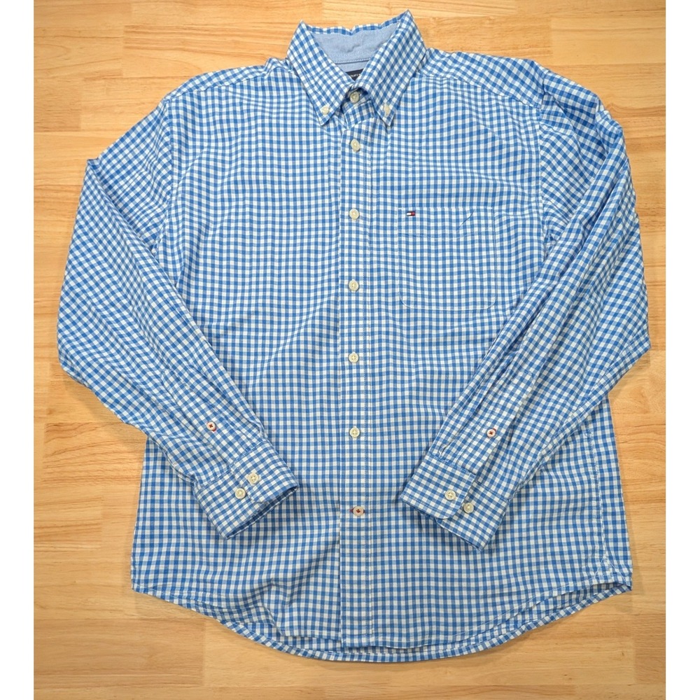 Tommy Hilfiger Mens Blue Gingham Classic Fit Stretch Shirt 78J1632 Size M